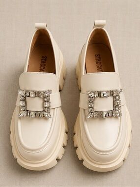 STACCATO Crystal Buckle Chunky Platform Loafers Ivory Leather EU 37 US 6